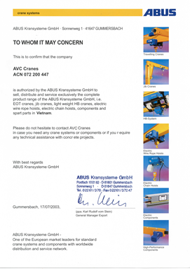 Giấy chứng nhận đại lý độc quyền của hãng ABUS